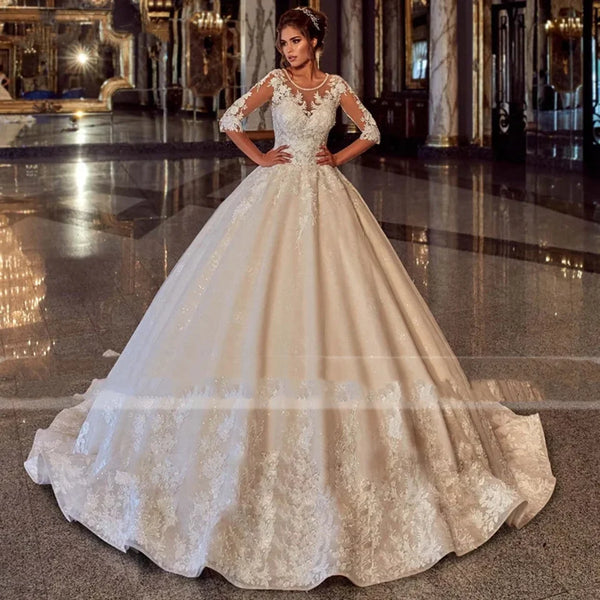 Ball Gown Wedding Dress With Lace Appliques Scoop Neck Half Sleeves Floor Length Back Lace Up