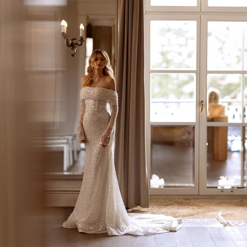Off the Shoulder Sweetheart Wedding Dresses Sequin Gowns