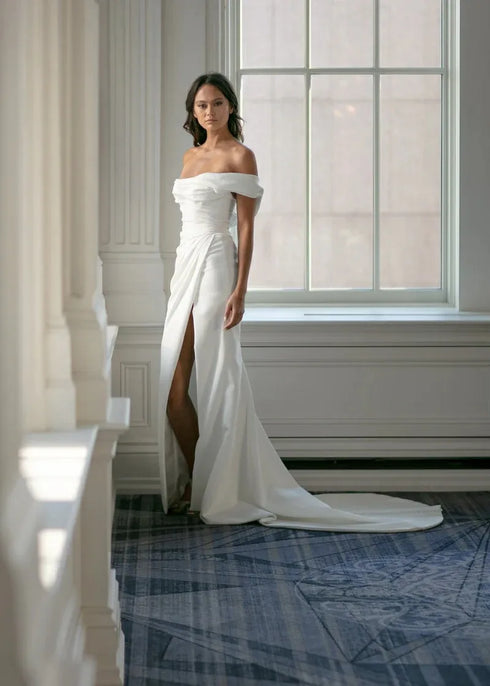Simple Off The Shoulder Satin Mermaid Wedding Dress Side Slit