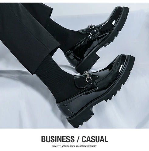 Men's Thick Sole Patent Leather Oxfords - Stylish Slip-On Derby Shoes for Casual and Formal Occasions, Height Increasing Loafers for Ultimate Comfort and Fashion