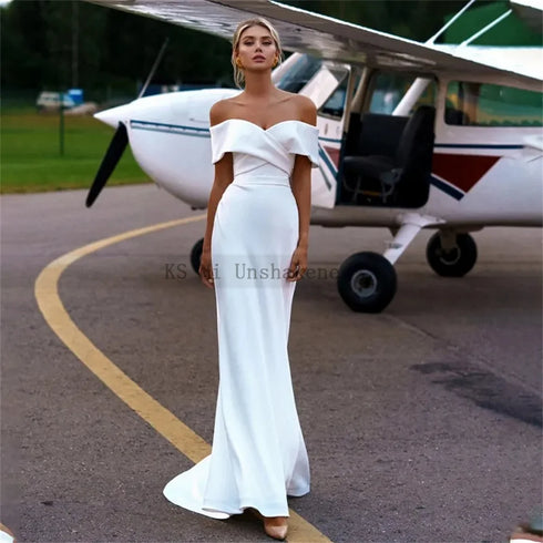 White Mermaid Satin Wedding Dresses with Detachable Overskirt Train Customized Bridal Dress 2 in 1 Gowns