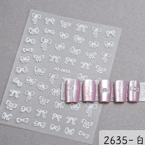 5D Embossed Nail Art Stickers - Semi-Transparent White Bowknots Adhesive Sliders for Creative Manicure Decorations and Nail Art Accessories