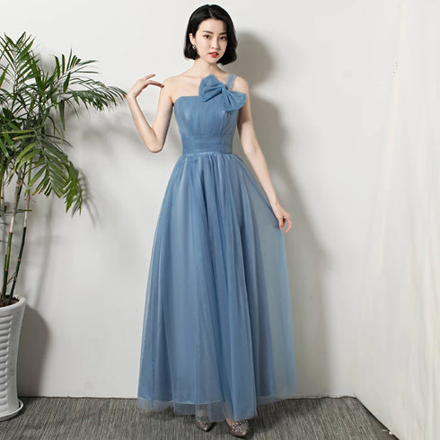 Bridesmaid Dress Elegant Ankle Length Tulle Ball Gown With Pleat Sash Built In Bra Prom Bridal Gown