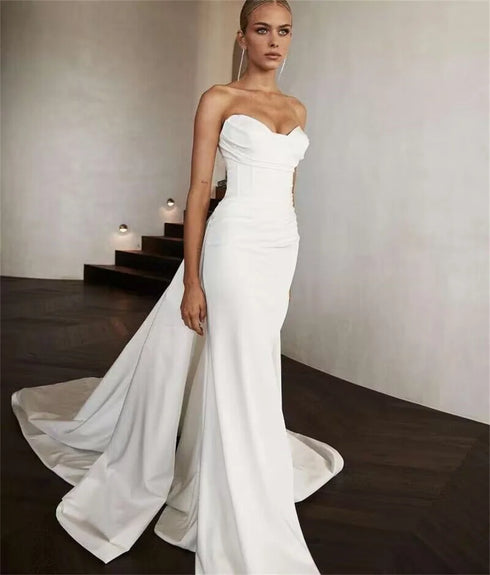 Chic White Satin Mermaid Wedding Dresses with Long Train