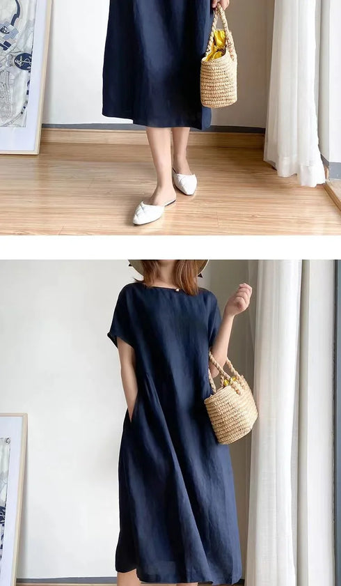 Loose Fit Slimming Cotton Linen Dress for Women Summer Plus Size Mid-Length Skirt