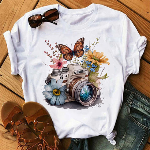 Womens Butterfly Tree Print Harajuku T-Shirt Casual Short Sleeve Summer Top