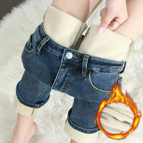 Women's Winter Fleece Warm Jeans Retro Slim Straight Denim Pants