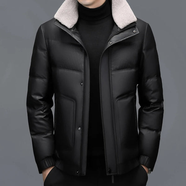 Men's Thick Warm Sheepskin Leather Down Jacket for Winter - Casual Smart Outerwear with Stand Up Collar and Zipper Closure