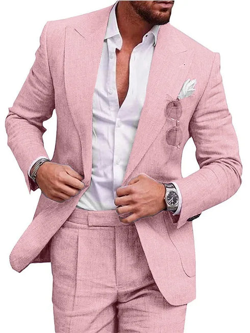 Elegant Men's Linen Suit Set - 2 Piece One Button Slim Fit for Smart Casual Events and Year-Round Style