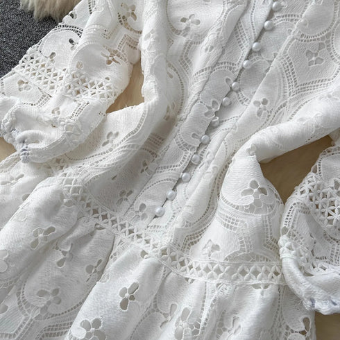 Elegant Embroidery White Lace Long Dress for Women Evening Occasion