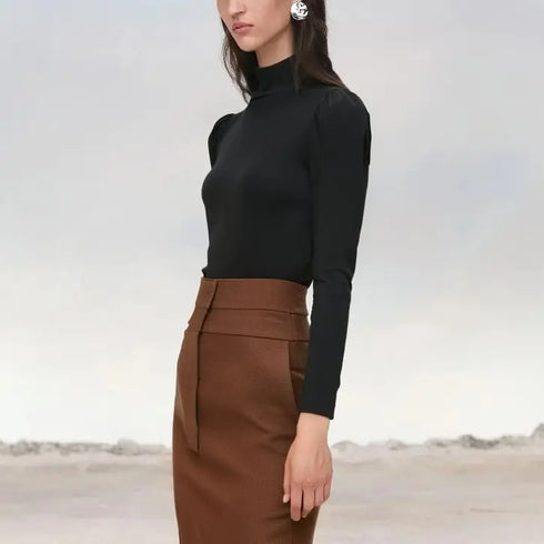 Mia Muse Women's T-shirts All Seasons Fashion Casual Korean Solid Color Long Sleeve High-neck Regular T-shirts