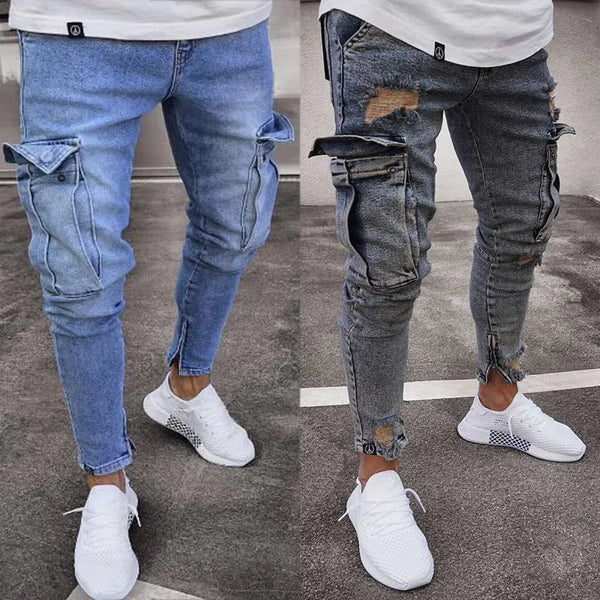 Men Jeans Pencil Pants Solid Denim Sheath Slim Fit Ankle Length