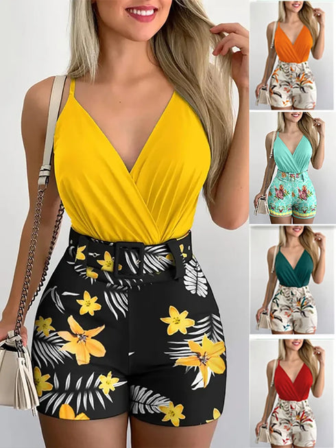Floral Bohemian Two-Piece Beach Shorts Set with Stylish Belt for Women - Perfect Summer Outfits Inspo for Sun-Kissed Days