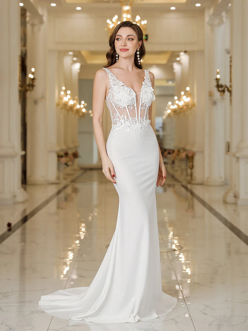 Elegant Mermaid Wedding Dress with Lace and Pearls Backless Design