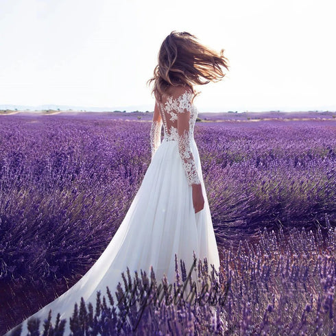 Long-Sleeved See-Through Lace Wedding Dress for Bridesmaid and Evening Events