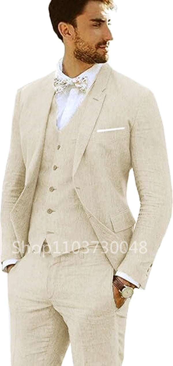 Casual 3 Piece Linen Men Suits Slim Fit Blazer Vest Pants