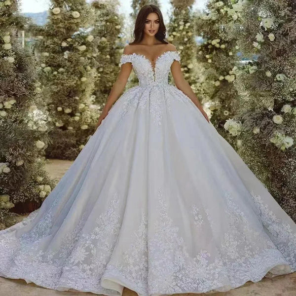 Ballgown Lace Applique Off Shoulder Wedding Dress With Long Train Elegant Silhouette Gown