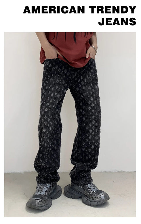 Black Men's Designer Jeans Straight Leg Baggy Denim Trousers