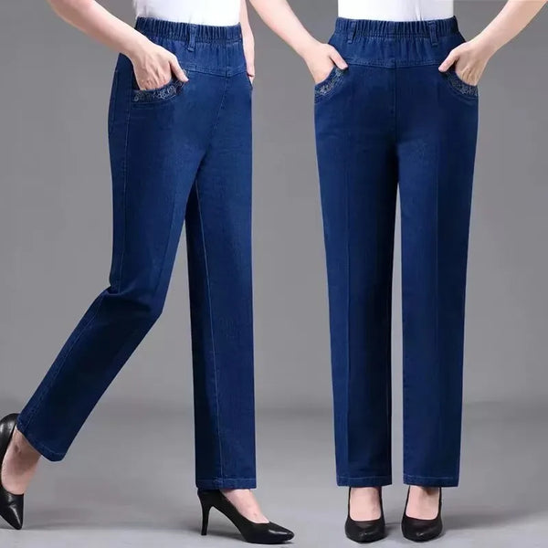 Elastic Waist Jeans For Women With Embroidered Pockets And Straight Leg Denim For Everyday Casual Comfort