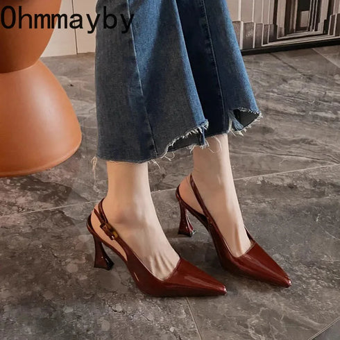 Elegant Pointed Toe Women Sandals Square Heel Strappy
