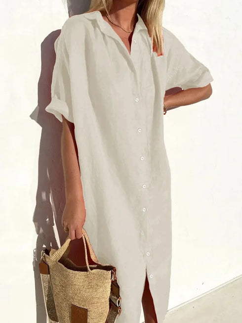 Women's Elegant Summer Shirt Dress Loose Fit Cotton Linen with Pockets