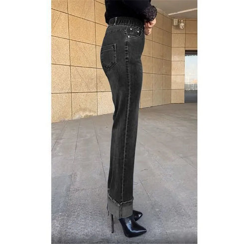 Elastic Waist Jeans For Women High Waist Wide Leg Denim Pants Loose Fit Casual Trousers