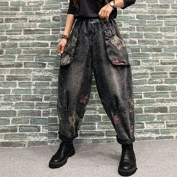 Harem Style Printed Jeans For Women Elastic Waist Denim Pants Casual Loose Relaxed Fit