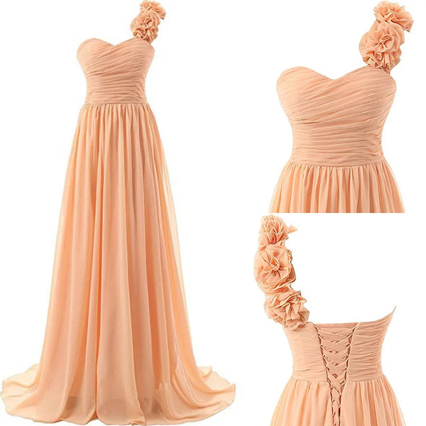Chiffon Off-Shoulder A-Line Dress With Floral Pleats Floor-Length Corset Back Bridesmaid Dress