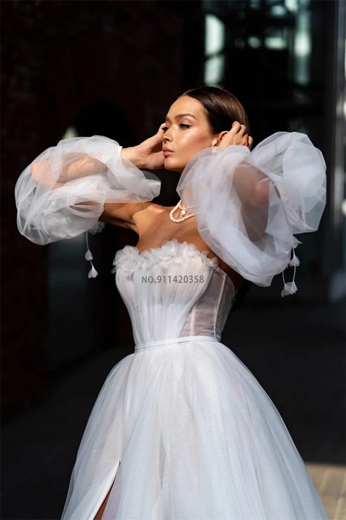 Exquisite Sweetheart Beach Wedding Dresses Off The Shoulder Puff Sleeve Lace Appliques Bridal Gowns