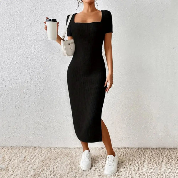 Women Summer Dress Split Hem Knitted Elastic Midi Dress Casual Party Style
