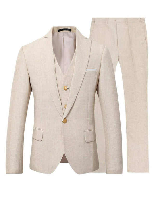 Beige Linen Suit for Men 3 Pieces Formal Wedding Prom Set Slim Fit Tuxedo