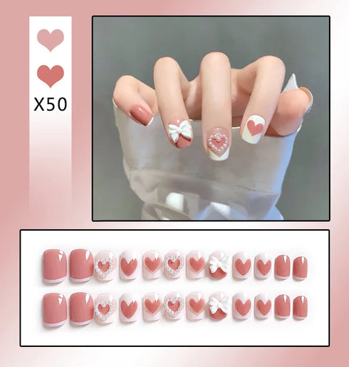 24Pcs Cute Bow Short Coffin Press On Nails - Artificial Full Cover Acrylic Nail Tips for Fall Season Nail Art Decor with Seamless Removable Designs