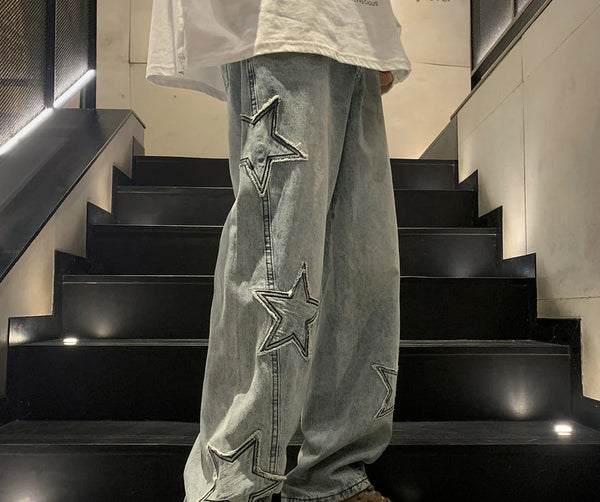 Five-Pointed Star Jeans Mens Jeans Vintage Wide-Leg Baggy Denim