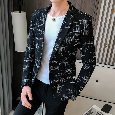Spring Men's Printed Slim Formal Blazer Suit Jacket