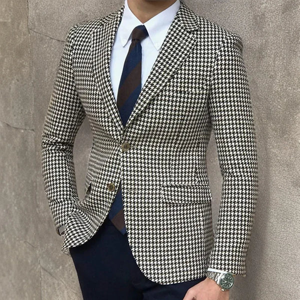 Casual Slim Fit Men's Houndstooth Plaid Blazer with Side Slit - Trendy Male Suit Jacket