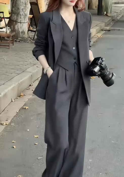 Elegant 3-Piece Korean Business Suit for Women: Stylish Blazer, Sleeveless Vest, and Wide Leg Pants Set for Office and Casual Wear