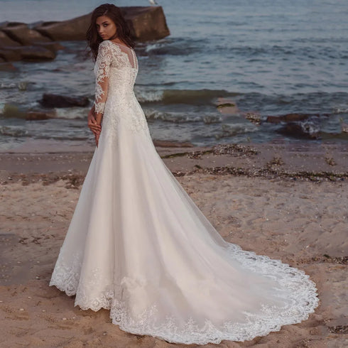 Elegant Long Wedding Dress with Long Sleeves and Lace Appliques A Line Tulle Sweep Train for Women