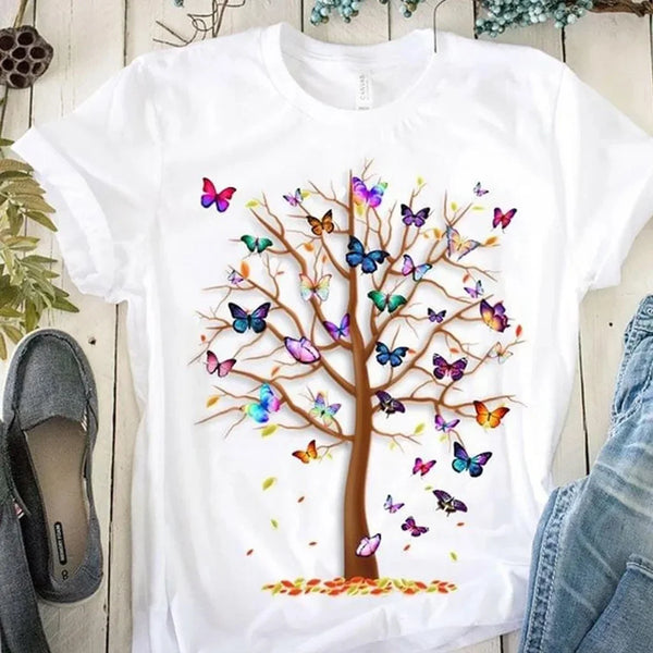Womens Butterfly Tree Print Harajuku T-Shirt Casual Short Sleeve Summer Top