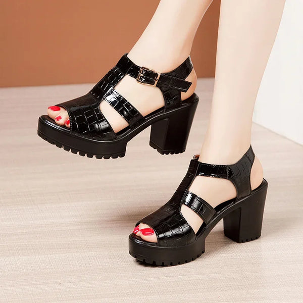 Small Size Beach Platform Sandals Patent Leather Block Heels