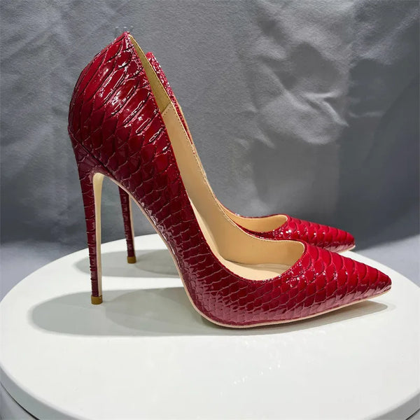 Red Snakeskin High Heels Embossed Women Slip On Stilettos Pumps
