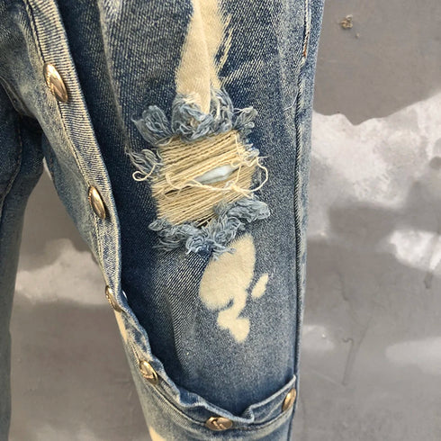 Stylish Ripped Patchwork Jeans for Men – Trendy Streetwear Motorcycle Pants with Elastic Comfort and Medium Wash Style