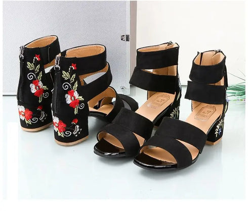 Embroidered Vintage Mid Heel Summer Sandals For Women