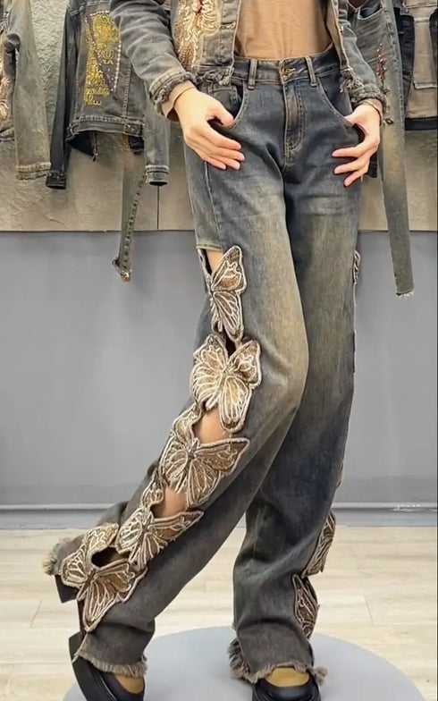 Y2K-Inspired Women's High Waist Denim Pants with Butterfly Embroidery - Loose Fit Straight Ripped Jeans Perfect for Streetwear and Fall Outfits with Jeans
