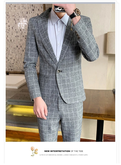 Autumn Men's Slim Fit Checkered Two-Piece Suit Korean Style Fashion Set