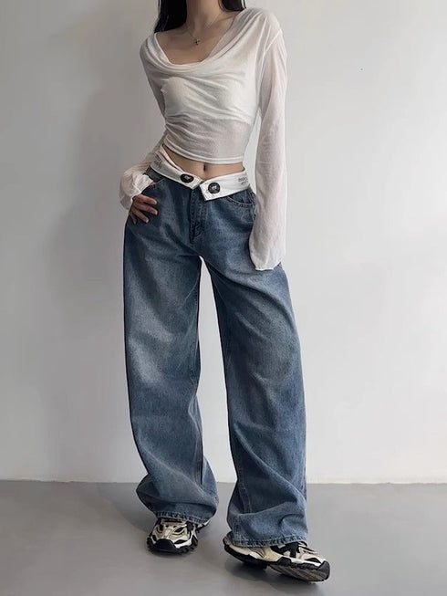 Baggy Wide Leg Vintage Y2K Jeans for Women - Trendy Kpop Gyaru Streetwear High Waist Denim Pants Perfect for Fall Outfits with Jeans and Harajuku Style