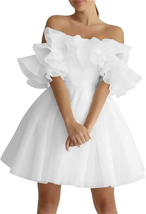 White Mini Wedding Dress For Bride Plus Size A Line Off Shoulder Ruffle Gowns
