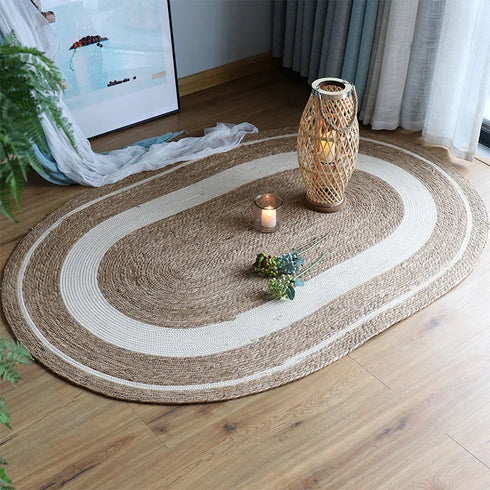Woven Rattan Round Carpet Natural Straw Rug for Living Room Bedroom Floor Mat