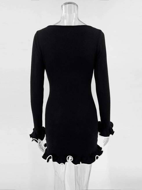 Women's Knit Mini Dress Ruffled Autumn High Waist Elegant Slim Party Dress Patchwork Knitwear