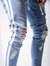 Men's Skinny Denim Biker Jeans with Ripped Pencil Design and Side Stripes - Trendy Hip-Hop Slim Trousers for Stylish Outfits