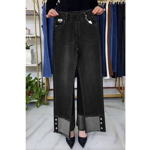Elastic Waist Jeans For Women High Waist Wide Leg Denim Pants Loose Fit Casual Trousers